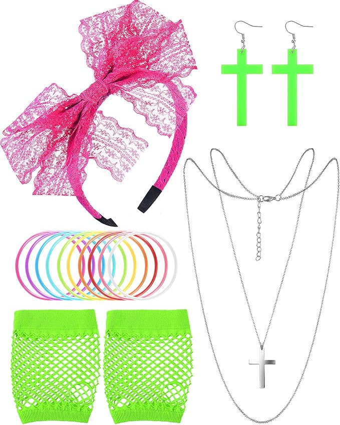 Blulu 80s Accessories for Women Dress Costume Lace Headband Earrings Fishnet Gloves Necklace Bracelet