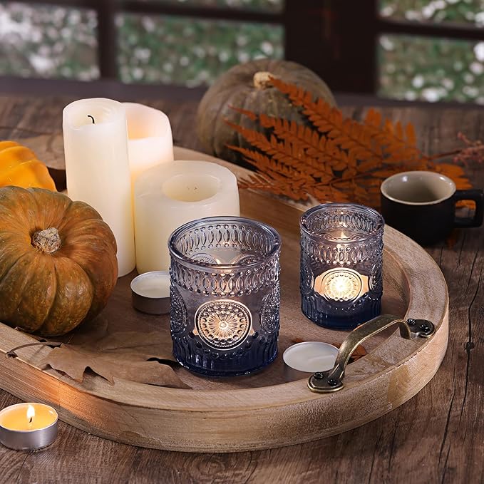 Volens 20pcs Assorted Blue Votive Candle Holders Bulk, Large Glass Votive & Tea Light Candle Holder for Wedding Table Centerpieces, Blue Party Decorations, and Home Decor