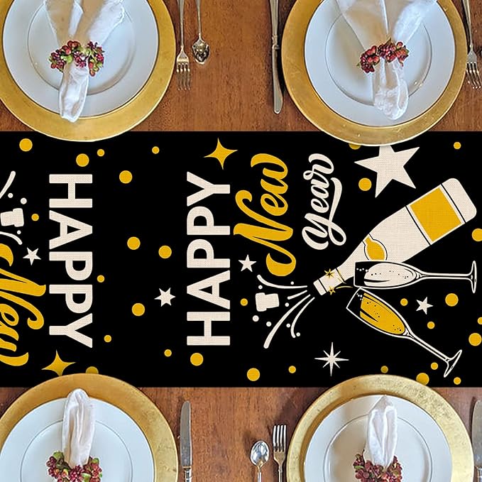 Seliem Happy New Year Eve Cheers Table Runner, Black Gold Tabletop Scarf Home Kitchen Polka Dots Stars Decor, 2025 Winter Holiday Farmhouse Burlap Dining Decorations Party Supply 13 X 72