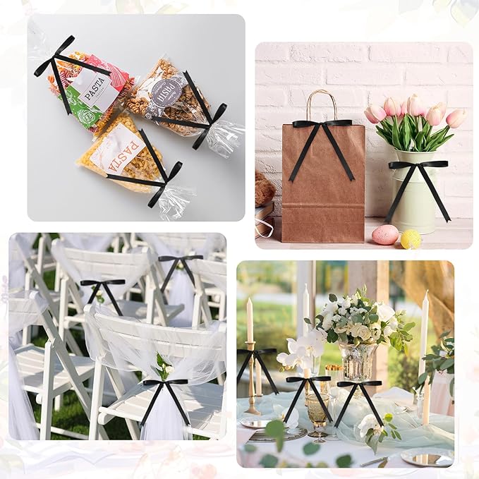 Riceshoot 100 Pcs Twist Tie Bows Bulk 5x7 Inch Satin Ribbon Bows for Gift Wrapping Cake Treat Bags Craft DIY Gift Wedding Baby Shower Birthday Party (Black)