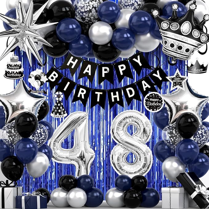 48th Birthday Decorations for Men and Women, Black Blue Silver Happy Birthday Number 48 Balloons, Banner, Fringe Curtains Garland Kit - 48 Year Old Party Supplies