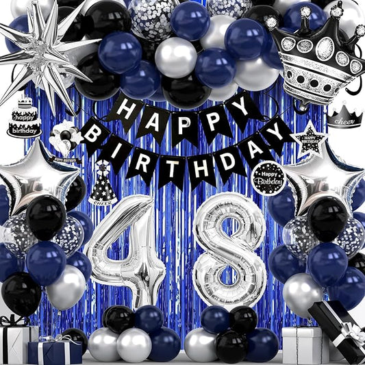 48th Birthday Decorations for Men and Women, Black Blue Silver Happy Birthday Number 48 Balloons, Banner, Fringe Curtains Garland Kit - 48 Year Old Party Supplies