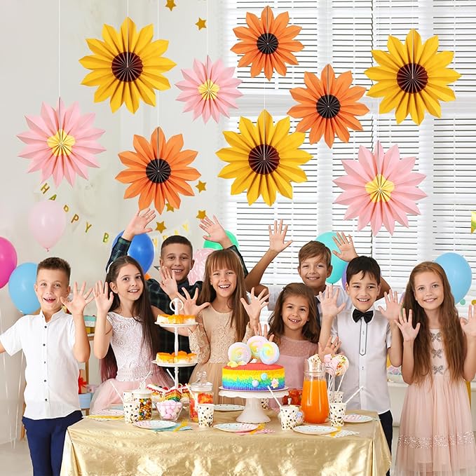 Homarkable 9 PCS Paper Flowers Decorations, Yellow, Pink and Orange Birthday Decorations, Sunflower Folding Paper Fans, Classroom Decoration Floral Backdrop Decor