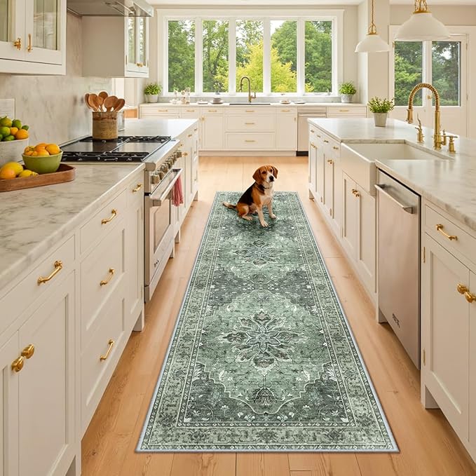 Area Rugs 2'x8' Washable Non-Slip, Floral Vintage Distress Print Pattern Medallion Carpet for Living Room Bedroom Dining Room, Dark Green Gray