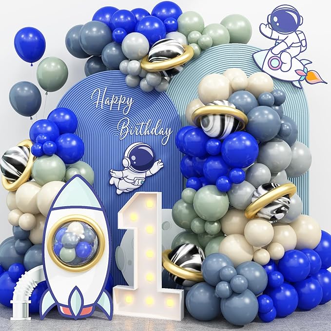 First Trip Around The Sun Balloons Arch Outer Space Astronauts Birthday Party Decorations Royal Blue Gray Beige Dusty Green White Gold Long Balloons Onyx Black Latex Helium Balloon