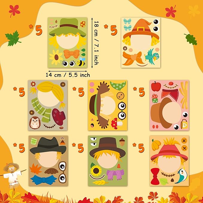 CY2SIDE Fall Scarecrow Sticker Sheets - 40PCS Autumn Harvest Make a Face Sticker Games for Kids School Rewards Make Your Own Scarecrow Decals Fall Thanksgiving DIY Party Favors Art Project