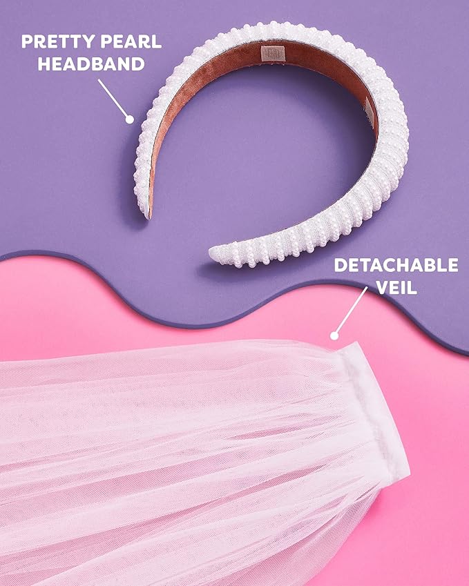 xo, Fetti Bachelorette Party Decorations Pearl Headband with Detachable Veil | White Headpiece Bridal Shower Gift, Bridesmaid Favors