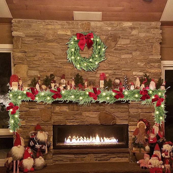9ft Christmas Garland with Lights,Lighted Norfolk Pine Garland for Mantle,Prelit Real Touch Artificial Green Christmas Winter Garland with Large Burgundy Velvet Bow for Indoor Outdoor Decor