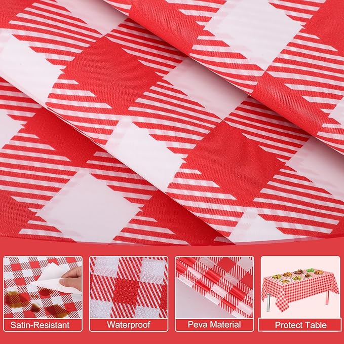 12 Pack Red and White Checkered Tablecloth, 54 X 108Inch Plastic Red Gingham Table Cloth Disposable Spring Picnic Tablecloth Waterproof Red Checkered Table Cover for BBQ Picnic Barbecue Birthday Party