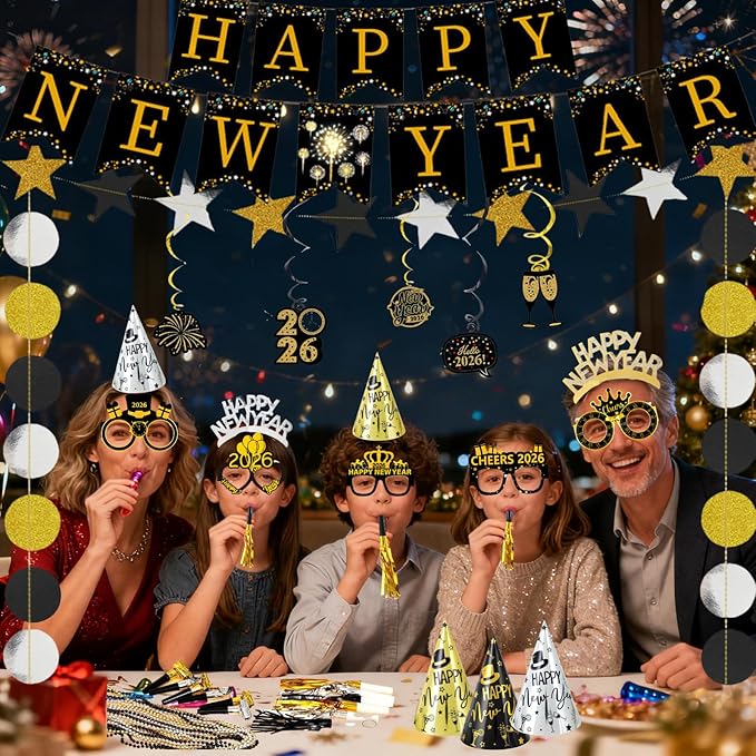 2026 New Years Decorations 75PCS New Year’s Eve Party Supplies Including Glasses, Cone Hats, Headband Tiaras, Banner, Horns, Necklaces for Party Decor Favor