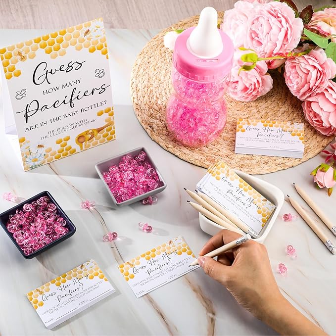 Roowest 512 Pcs Baby Shower Games Guess How Many Pacifiers Sign 100 Small Guessing Games 10 HB Pencils 750ml Milk Bottle 400 Acrylic Pacifiers Decoration for Guest Gender Reveal(Pink,Bee)