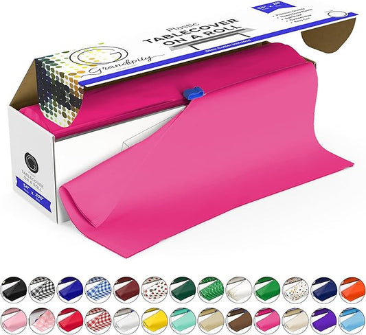 Grandipity Plastic Tablecloth Roll - 54in x 300 Ft. Hot Pink Plastic Table Cloths for Parties Disposable with Cutter Box - Cut to Size Disposable Tablecloth Table Cover for Rectangle & Round