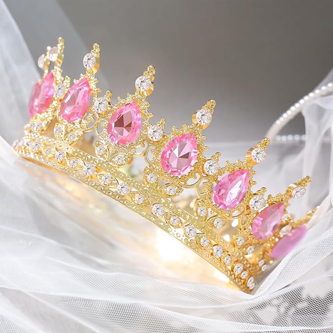 Pink Crown for Women Crystal Tiara and Queen Crown for Girl Wedding Headband for Bride Hair Accessories for Costume Birthday Party Cake Decoration Prom