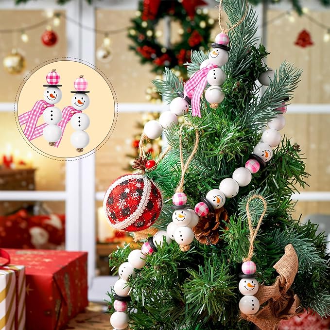 Landical 180 Piece DIY Christmas Snowman Wooden Bead Crafts Christmas DIY Ornaments Buffalo Plaid Wood Round Bead Xmas Print Wooden Beads with Twine Scarf for Crafts(Pink Color)