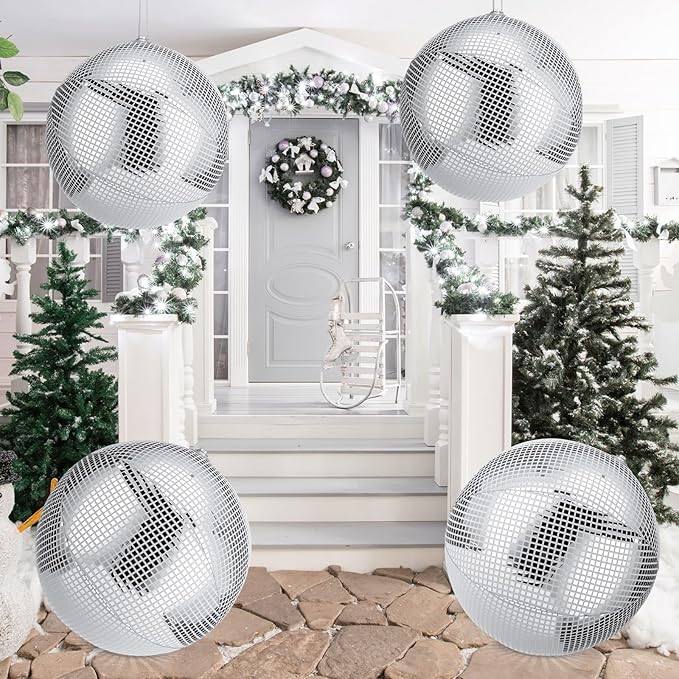 HyDren 4 Set Inflatable Disco Ball with Cover Foldable Hanging Mirror Disco Ornaments for Christmas Wedding Birthday Baby Shower Bachelorette Party Indoor Outdoor (16 Inch)