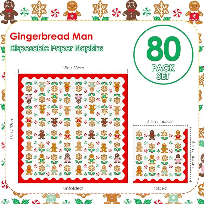 80 Gingerbread Party Paper Napkins Christmas Disposable Paper Luncheon Napkins