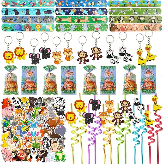 110PCS Safari Party Favors Jungle Party Favors Goodie Bags Stuffers for Camping Party Include Slap Bracelet,DIY Safari Stickers ,Woodland Keychains,Forest Animals Pencil Caps and Party Straws