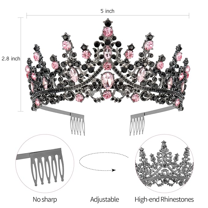 Velscrun Pink-Black Crystal Birthday Tiara Crowns for Women Girls Elegant Princess Crown with Combs Birthday Girl Headband Sash Happy Birth Party Decorations Birth Gift Hair Accessories