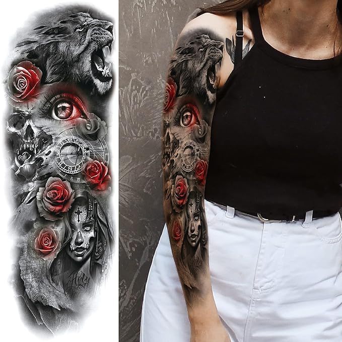 Rose Skull Temporary Tattoo Sleeve for Women Leg, 4-Sheet Full Arm Realistic Color Flower Skull Fake Sleeve Tattoo Adult Girl and 4-Sheet Large Floral Skeleton Half Temp Tatoo Sticker Thigh Body Art