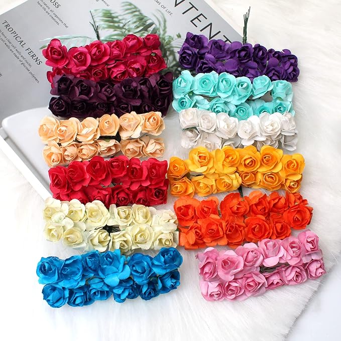 144pcs Mulberry Paper Mini Roses Artificial Flowers Heads with Stems for DIY Crafts Accessories Make Bridal Hair Clips Headbands Dress Wedding Bridal Bouquets Party Home Decor Valentine's (Mint Green)