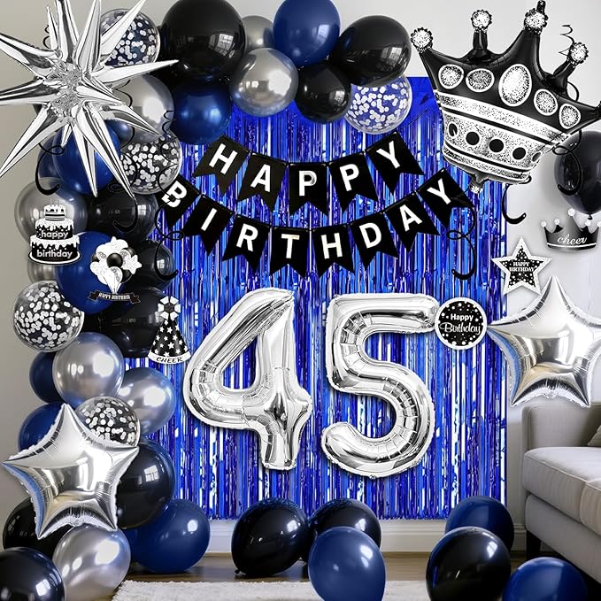 45th Birthday Decorations for Men and Women, Black Blue Silver Happy Birthday Number 45 Balloons, Banner, Fringe Curtains Garland Kit - 45 Year Old Party Supplies