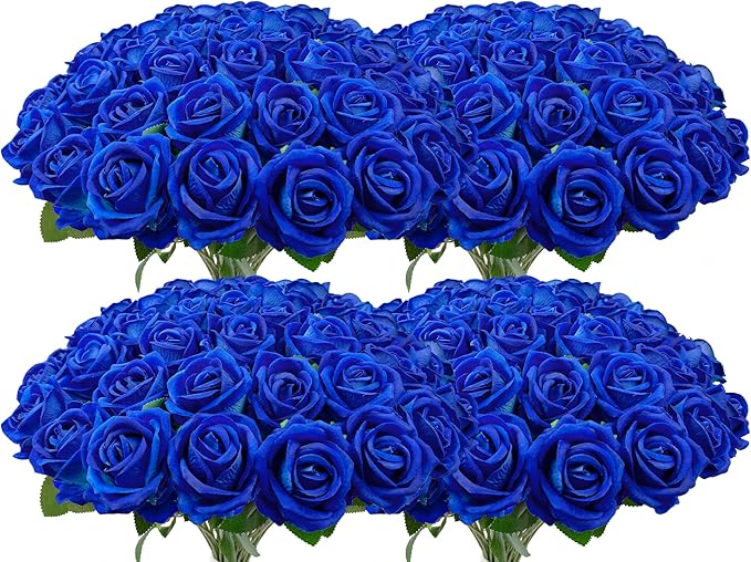 Bulk Artificial Flowers 100 PCS, Fake Velvet Silk Blue Roses with Long Stems Realistic Bouquet for Wedding Centerpieces, Faux Arrangement for Home Table Decor
