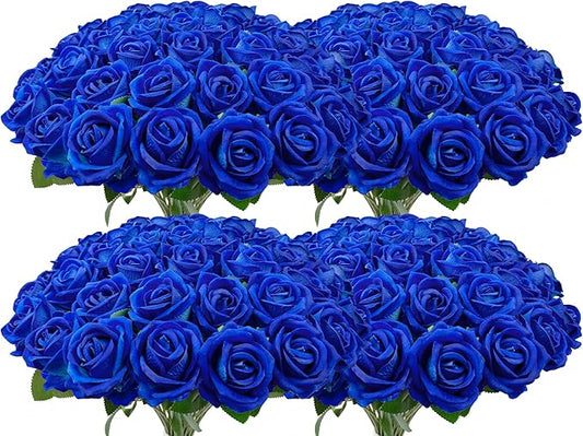 Bulk Artificial Flowers 100 PCS, Fake Velvet Silk Blue Roses with Long Stems Realistic Bouquet for Wedding Centerpieces, Faux Arrangement for Home Table Decor