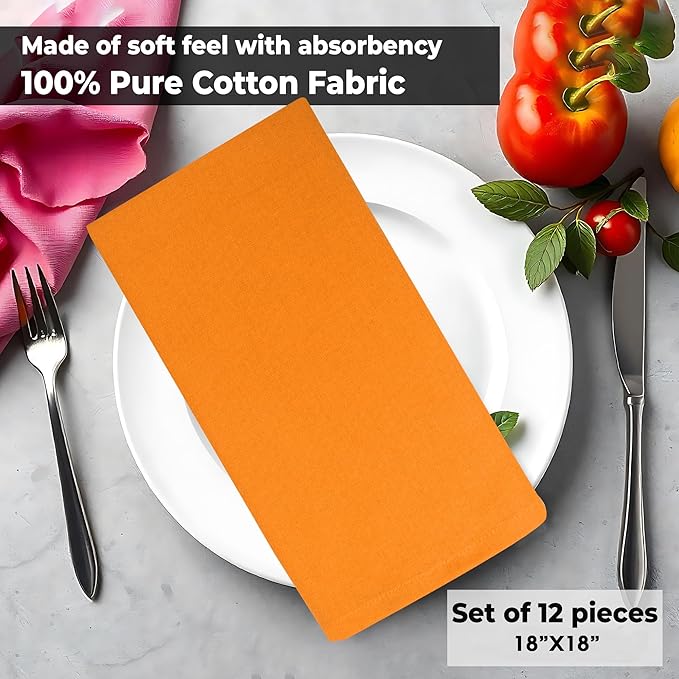 Halloween Cloth Napkins Set of 12 100% Cotton Dinner Napkins 18"x18" Orange Color Highly Absorbent Washable Reusable Durable Dinner Napkins Ideal for Everyday Use Wedding Parties Napkins