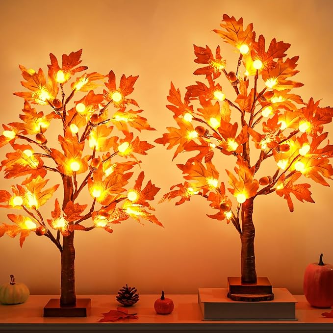 [2 Pack & Timer] 24 Inch Lighted Fall Maple Tree for Fall Decorations with 48 LED Timer Battery Operated Artificial Fall Light up Trees for Home Indoor Outdoor Autumn Harvest Thanksgiving Table Decor