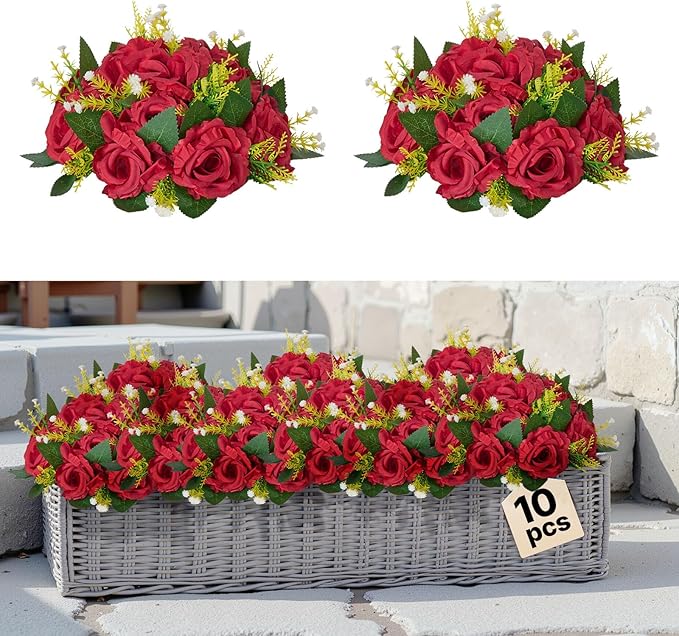 VEVOR Flower Balls Arrangement Bouquet 10 PCS, 9.5-Inch Wedding Red Roses Centerpieces, Fake Flowers Kissing Balls Decor Artificial Floral Arrangements Flower Bouquet for Home Party Table Decorations