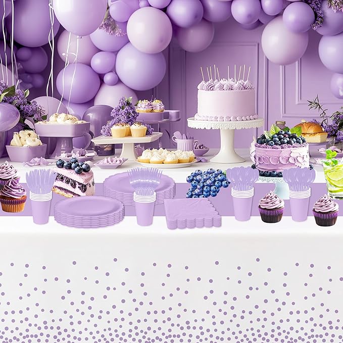 Purple Party Decorations Supplies Tableware, Light Purple Plates And Napkins, Tablecloth Printed Table Runner, Cutlery, for Birthday Baby Bridal Shower Wedding Anniversary, Serves 24