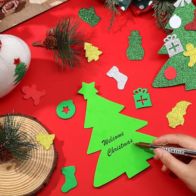 24 Kits DIY Christmas Tree Foam Stickers Bulk Self Adhesive Holiday Winter Glitter Foam Stickers Christmas Tree Craft Kits for Party Favors Fun Home Activities