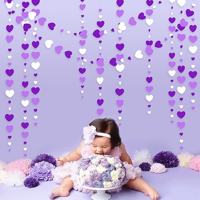 Valentines Day Party Decorations Lavender Love Heart Garland Purple and White Hanging Streamer Banner for Anniversary Mothers Day Birthday Engagement Wedding Bridal Baby Shower Lilac Party Supplies