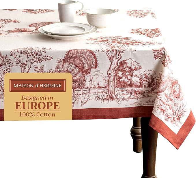 Maison d' Hermine Table Cloth Rectangle Table 100% Cotton 60 x 90 Inches Fall Tablecloth Reusable Everyday Use for Thanksgiving Christmas Decorations Dining Farmhouse Party (Holy Jouy - Red)