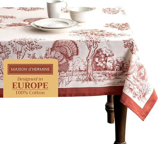 Maison d' Hermine Table Cloth Square Table 100% Cotton 60 x 60 Inches Fall Tablecloth Reusable Everyday Use for Thanksgiving Christmas Decorations Dining Farmhouse Party (Holy Jouy - Red)