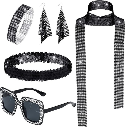 Sasylvia 5 Pcs 70s Disco Accessories Halloween Women Costume Jewelry Sequin Scarf Earrings Sunglasses Bracelet Headband