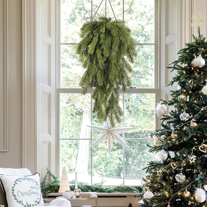 RECUTMS 2Pcs Artificial Christmas Teardrop Pine Needle Hanging Swag Artificial Pine Needle Branches Faux Winter Wreath Hanging Plants for Front Door Wall Home Christmas Decoration (Green)