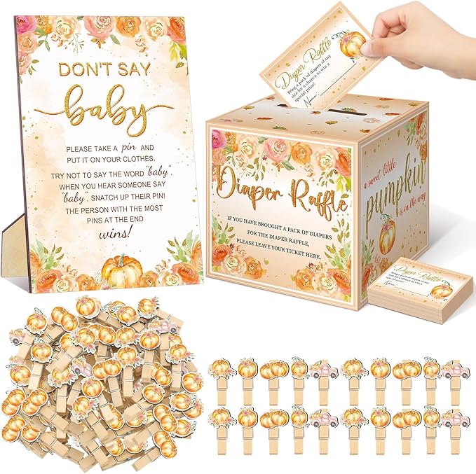 102 Pcs Baby Shower Game Supplies Diaper Raffle Tickets with Diaper Raffle Card Box Don't Say Baby Sign Mini Clothespin Baby Shower Game Decor for Baby Shower Gender Reveal(Watercolor)