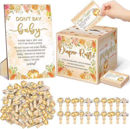 102 Pcs Baby Shower Game Supplies Diaper Raffle Tickets with Diaper Raffle Card Box Don't Say Baby Sign Mini Clothespin Baby Shower Game Decor for Baby Shower Gender Reveal(Watercolor)