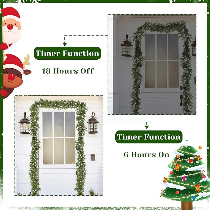 Prelit Pine Garland Realistic with Timer, 6FT Faux Christmas Garlands Battery Operated,Winter Garland for Xmas Holiday Outdoor Indoor