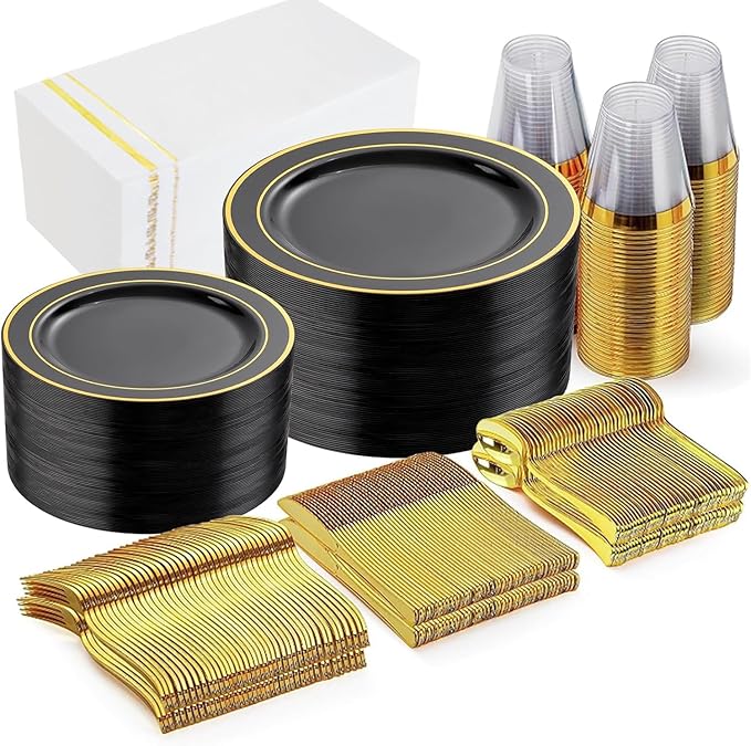 GATHER 350PCS Black Plastic Plates - Disposable Dinnerware Set Include 100PCS Black and Gold Plastic Plates, 150 Silverware, 50 Napkins, 50 Cups for Party & Wedding & New Year