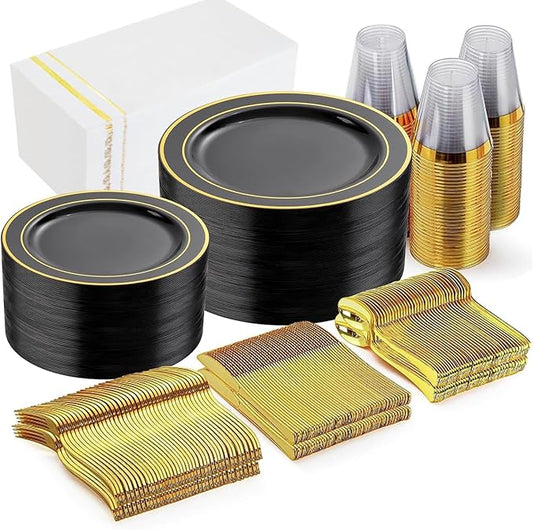 GATHER 350PCS Black Plastic Plates - Disposable Dinnerware Set Include 100PCS Black and Gold Plastic Plates, 150 Silverware, 50 Napkins, 50 Cups for Party & Wedding & New Year