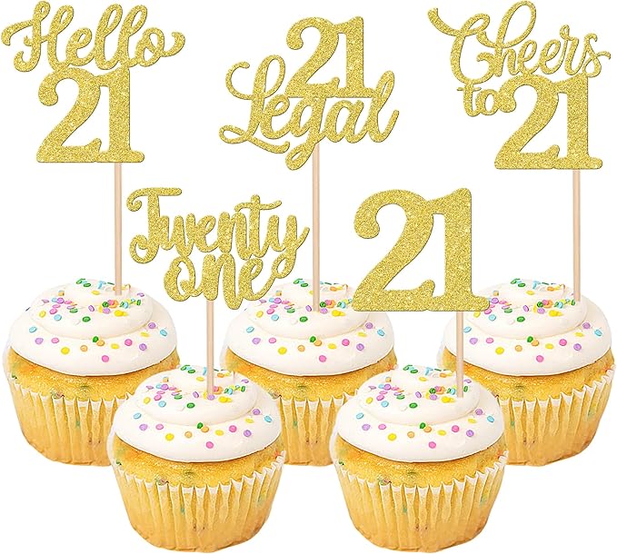 30PCS Happy 21st Birthday Cupcake Toppers Glitter Twenty One Legal 21 Hello 21 Cupcake Picks Cheers to 21 Birthday Decorations for 21st Birthday Anniversary Party Cake Decoration Supplies Gold