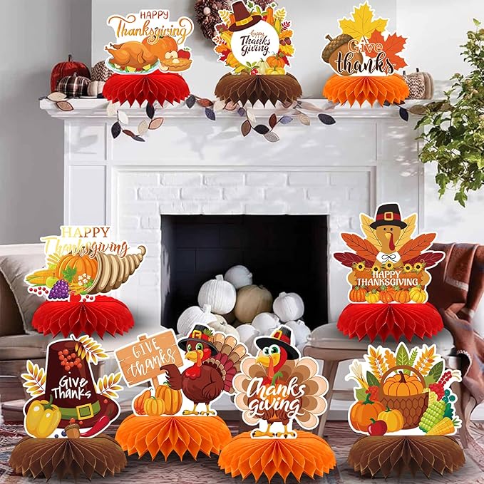 9PCS Thanksgiving Honeycomb Centerpiece Turkey Pumpkin Maple Leaves Honeycomb Thanksgiving Table Centerpiece for Thanksgiving Table Decoration Fall Autumn Theme Birthday Party Supplies