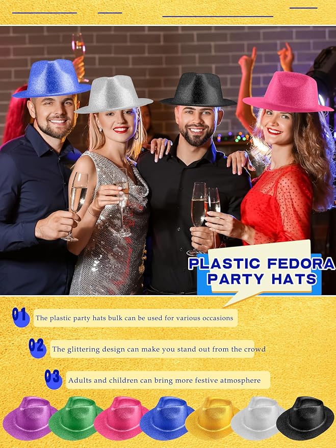 28 Pack Plastic Party Hats Bulk Glitter Party Hat Fedora Party Hat Gangster Hat for Adult Kids Costume Accessory
