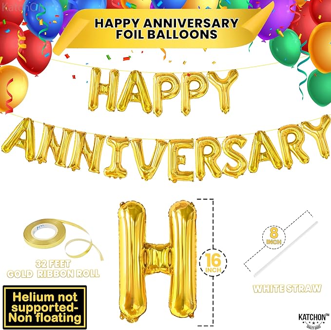 KatchOn, Gold Happy Anniversary Balloons Letters - Big, 16 Inch | Gold Happy Anniversary Decorations | Wedding anniversary Party Decorations | Wedding Love Party Celebrations
