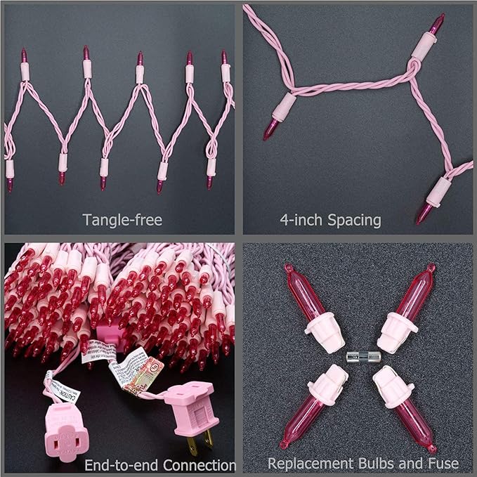 200 Pink LED Christmas Lights with Pink Wire, Pack of 2 Sets 33 ft 100 Count UL Certified Commercial Grade String Light