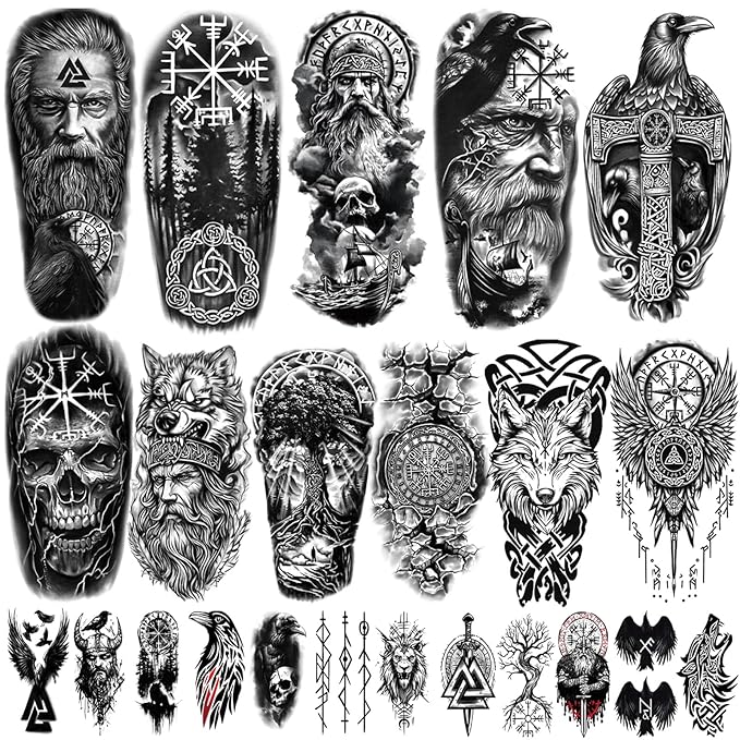 77 sheets Viking Temporary Tattoos Adult, Nordic Celtic Tattoos, Totem Tribal Fake Tattoo Stickers for Viking Costume, Nordic Norse Yggdrasil Valknut Fake Arm Tattoos for Women Men Kids