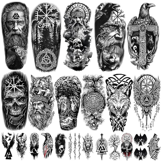 77 sheets Viking Temporary Tattoos Adult, Nordic Celtic Tattoos, Totem Tribal Fake Tattoo Stickers for Viking Costume, Nordic Norse Yggdrasil Valknut Fake Arm Tattoos for Women Men Kids