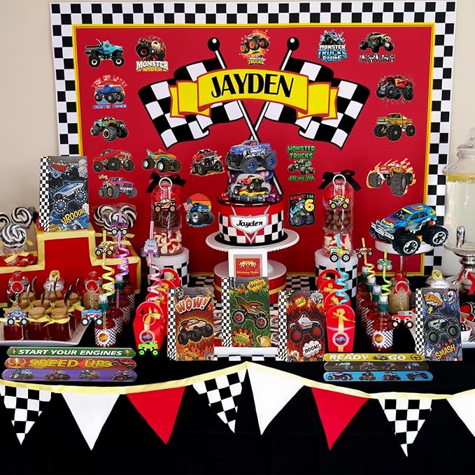 110PCS Monster Truck Party Favors Set,Monster Jam Birthday Decorations Including Truck Theme Slap Bracelets Keychains Gift Bags DIY Stickers Drinking Straws People Monster Truck Birthday Supplies